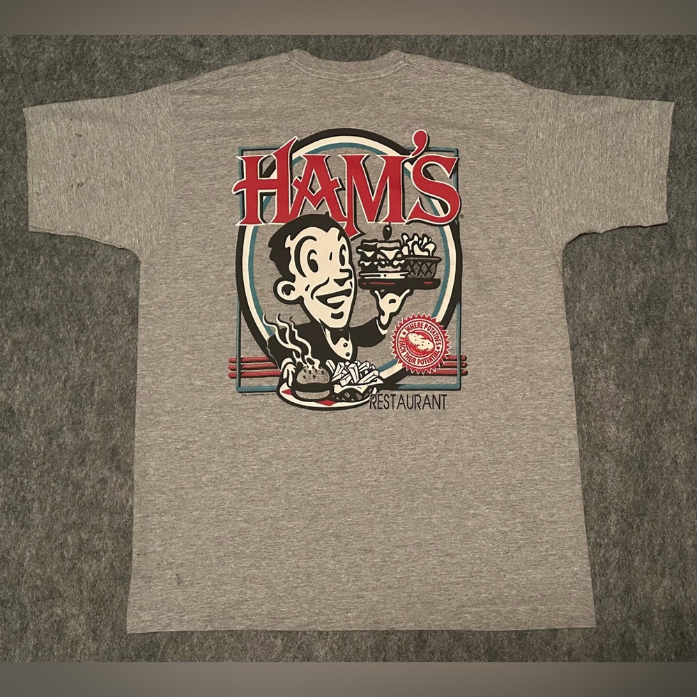 Vintage Men’s Ham’s Restaurant 1994 90’s Single Stitch USA Grey/Red T-Shirt - XL